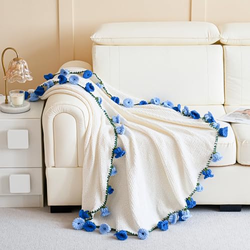 Crochet Flower Bouquet Throw Blanket, Handmade Knitted Blanket with Flowers, Cute Romantic Gift for Her Girlfriend Mom Mother’s Day Valentine Wedding Anniversary Birthday, Blue 40 Inches - color: Blue Lily of the Valley, size: 40 Inches