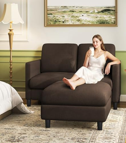 Welzona Loveseat Sofa with Ottoman, 51" Small L Shaped Teddy Couch Sofa | Comfy Teddy Fabric, Tool-free Setup, Washable Covers, All-wood Couch Sets for Living Room, Bedroom, Small Spaces, Brown - color: Brown, size: loveseat & ottoman