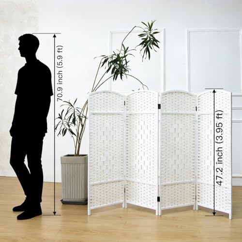 4 Panel Rattan Divider Short Room Partition Screen,Double Sided Folding Divider for Room Separation,White,47.2" H x 63" W - color: White, size: 4 Panel