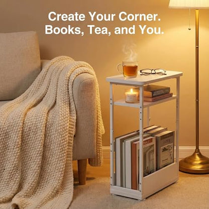 Narrow Side Table,3-Tier Slim End Table with Storage Shelf,Modern Sofa Table Thin Side Table for Narrow and Small Spaces, Skinny Bedside Table Small Nightstand with Magazine Rack Space Saving/White - color: White