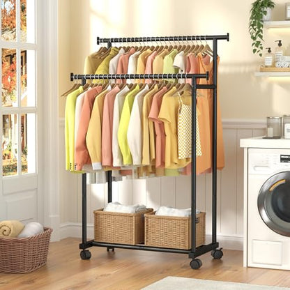 Double Rods Clothes Rack with Wheels, Garment Racks for Hanging Clothes, Multifunctional Metal Clothing Racks, Portable Wardrobe Rack for Clothing Organizers and Storage, Black