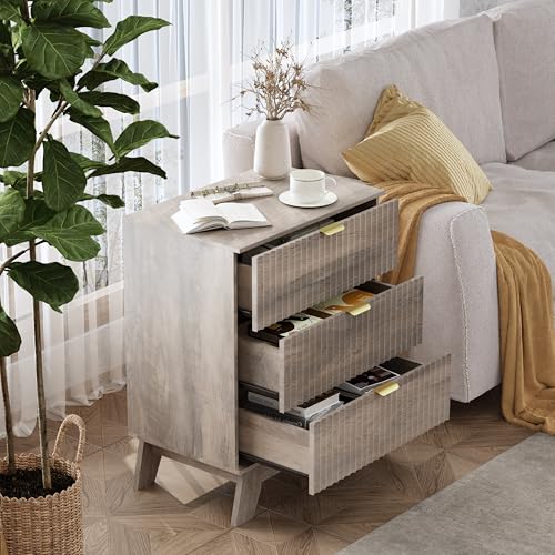 Grey Night Stand with 3 Drawers, Bedside Table & End Table, 24" Wide Mid Century Modern Fluted Wood Nightstand with Metal Handles, Farmhouse Night Stands for Bedroom, Gray - color: Grey, style: 3 Drawers