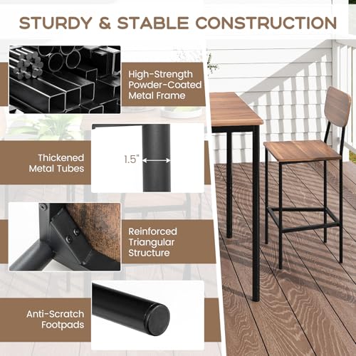 Giantex 5-Piece Dining Table Set W/Counter Height Table & 4 Bar Stools, Industrial Kitchen Dining Table Set W/Footrest & Backrest, Space-Saving Dinette Set for Pub, Dining Room, Restaurant (Teak) - color: Teak