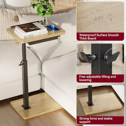 IBUYKE C Shaped Side Table, Angle Adjustable, 360° Swivel Height Adjustable End Table for Small Spaces, for Phone Computer & Tablet, Modern Small Coffee Snack Table for Sofa/Bed, Natural UTVT004R | 360° Swivel Height Adjustable,Side End Table for Small Sp