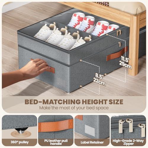 Under Bed Storage with Wheels, 2Pack 71L Under the Bed Storage Containers | Adjustable Underbed Drawer with Lids, Underbed storage Rolling Bin for Shoes, Clothes, Blankets, Grey - size: 8.5-11.5 inch height-grey