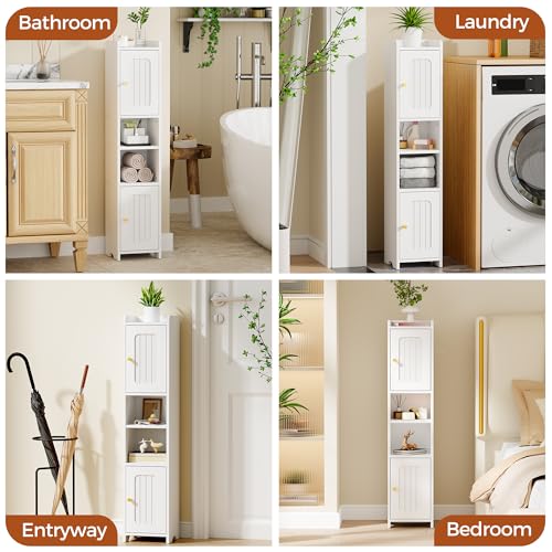 ANWBROAD Slim Bathroom Storage Cabinet with 2 Doors and Adjustable Shelf | Corner Narrow Cabinet Freestanding Small Bathroom Organizers and Storage for Small Spaces,Kitchen,Living Room White USBC011W
