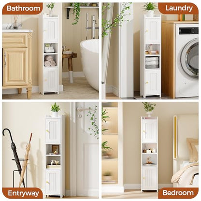 ANWBROAD Slim Bathroom Storage Cabinet with 2 Doors and Adjustable Shelf | Corner Narrow Cabinet Freestanding Small Bathroom Organizers and Storage for Small Spaces,Kitchen,Living Room White USBC011W