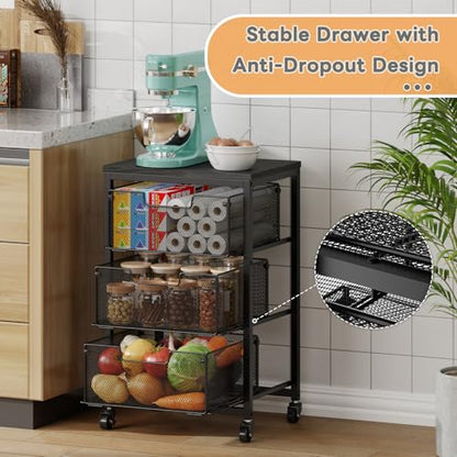 Pantry Organizer and Storage Cart, 3-Tier Kitchen Storage Cart with Drawer, Fruit Vegetable Storage Cart with Wheels, Wooden Top Metal Wire Kitchen Organizer Rack Stand for Food Snack Onion Potato - size: 3-Tier Black