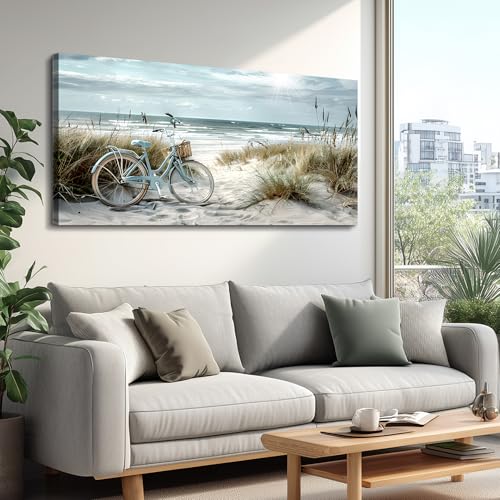 FUHAIHUA Wall Art For Living Room Canvas Decor For Bedroom Modern Office Decorations Blue Beach Bicycle Seascape Paintings Ocean Landscape Pictures Artwork Ready To Hang Home Decor - color: Blue Beach Bicycle Paintings, size: 40"L x 20"W