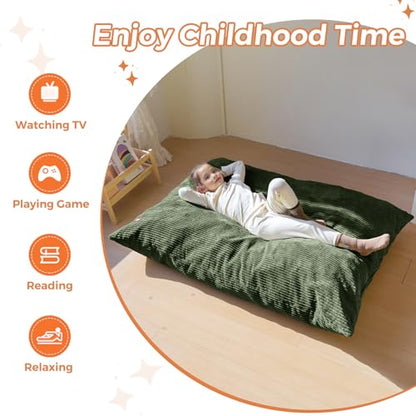MAXYOYO 3 in 1 Kids Bean Bag Chair Bed, Comfy Floor Sofa with Removed Cover | Convertible Chair Folds from Bean Bag to Lounger, Floor Sofa Couch with High-Density Foam Filling, Dark Green - color: Dark Green