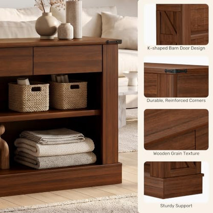 Miereirl 63" Console Table with Drawers & LED Light, Farmhouse, Walnut | Narrow Entryway Sofa Table, 3 Storage Drawers & Open Shelves, Behind Couch, Living Room Hallway Foyer - color: Walnut