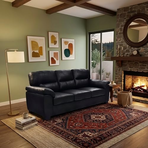 Eafurn Mid-Century Modern 3-Seater Loveseat Sofa Couch with Sturdy Wood Frame & Cushioned Armrests, 81" Compact Faux Leather Settee Furniture for Living Room, Apartment, Office - color: Black 81"