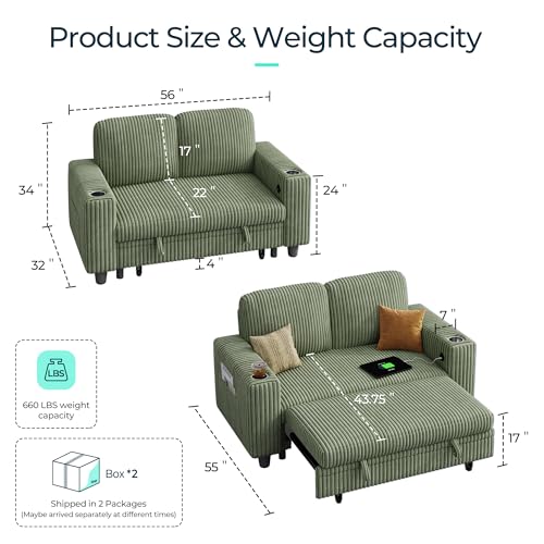 LINSY HOME Loveseat Sofa with Pull Out Couch Chaise: 2-in-1 Convertible 2 Seater Sofa with USB Charging & Cup Holders, Comfy Plush Corduroy Love Seat for Small Spaces Living Room Apartment, Green