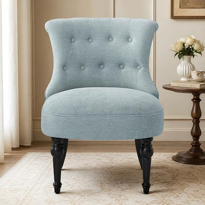 Upholstered Accent Chair, French Country Side Chair (1, Light Blue) | with Tufted Backrest, Thick Padded Seat and Solid Wood Legs for Bedroom, Living Room, Vanity & Reading Nook - color: Light Blue