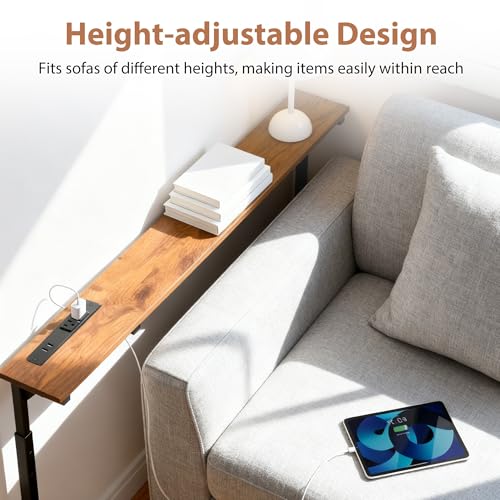 Adjustable Height Narrow Sofa Table with Built-in Power Outlets, 35" Long Console Table Behind Couch Table with Charging Station Skinny Entryway Table for Living Room & Hallway (Rustic Brown) - color: Rustic Brown, size: 35IN