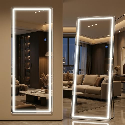 Antok LED Full Length Mirror with Light, 58"x18" Lighted Full Body Mirror with Stand, Dimmable & 3 Color Lighting Standing/Leaning/Wall Mounted Vanity Mirror for Bedroom Cloakroom Livingroom(Rect) - size: 58"L x 18"W, style: Rect Style