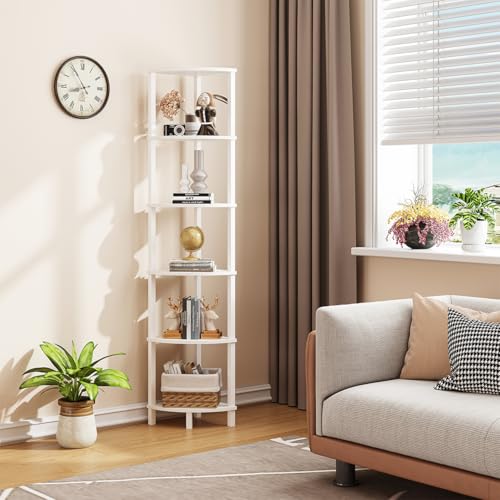 VIMBER Corner Shelf, 6-Tier Corner Bookshelf, Industrial Corner Ladder Shelf, DIY Storage Shelves, Modern Display Shelf for Living Room, Bedroom, Kitchen, Home Office, White UJSJ004W - color: White, size: 6-Tier without LED