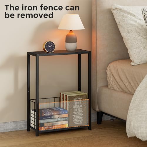 Homleke Narrow Side Table with Magazine Holder, Skinny End Table | Space-Saving Design, Small Spaces, Storage Shelf, Metal Frame, Easy Assembly, 7.1" D x 16.9" W x 23.6" H, Black - color: Black - Standard