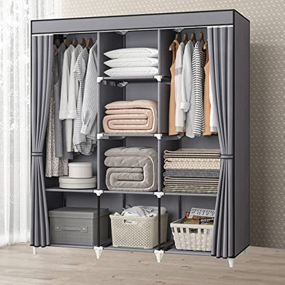 51 Inch Grey Portable Closet Bundle with 51 Inch Black Portable Wardrobe with 4 Hanging Rods, 16 Storage Organizer Shelves, Durable and Easy to Assemble