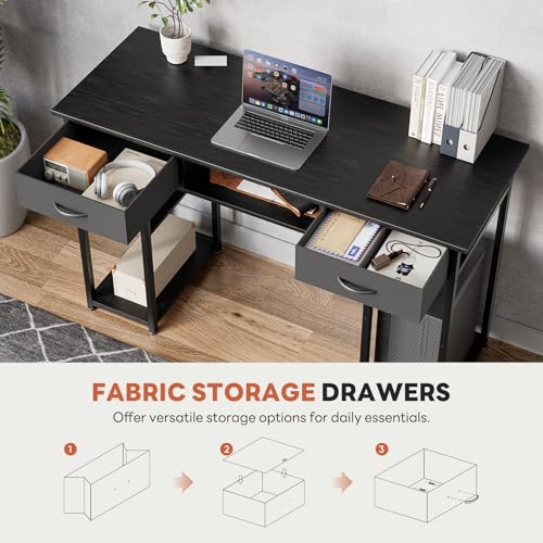 DUMOS 48-Inch Computer Desk with Drawers and Hook, Black | Home Office Desk for Bedroom, Gaming Writing Study Desk with Adjustable Feet - color: Black, size: 48-In