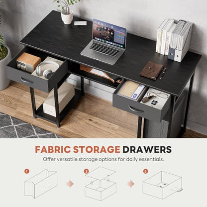 DUMOS 48-Inch Computer Desk with Drawers and Hook, Black | Home Office Desk for Bedroom, Gaming Writing Study Desk with Adjustable Feet - color: Black, size: 48-In