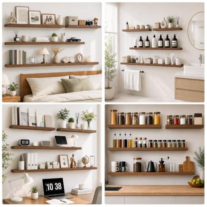 RICHER HOUSE 55Inch Long Floating Shelves, 12" Deep Wood Wall Shelf, Walnut | Wide Wall Shelves for Bedroom Kitchen Bathroom Wall Mounted Shelves, Wooden Bookshelf with Invisible Bracket, Walnut, 2 Pack - color: Walnut, size: 55in