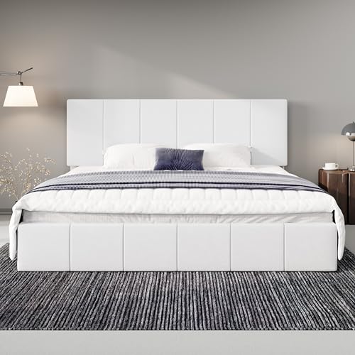 Allewie King Size Dutch Velvet Upholstered Platform Bed Frame/Vertical Channel Tufted Adjustable Headboard/Low Profile Bed Frame/No Box Spring Needed/Easy Assembly/White - color: White, size: King