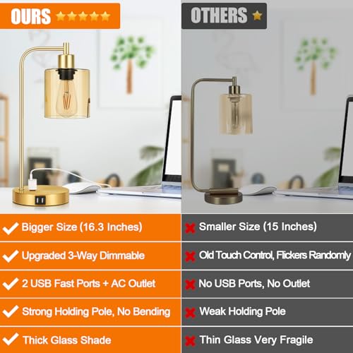 Set of 2 Industrial Touch Control Table Lamps with 2 USB Ports and AC Outlet - 3-Way Dimmable Gold Bedside Lamp Nightstand Desk Lamps for Bedroom Living Room, Amber Glass Shade & 2 LED Bulbs Included - color: Gold(2 pack)-Amber Glass-Touch Control