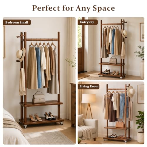 Coat Rack Solid Wood Stand Storage 2 Shelves 4 Hooks Entryway | Hallway bedroom living room office, durable wood construction, freestanding design, coats hats bags storage - size: Walnut - L: 13''Wx 24.8"D x 71"H (With Wheels)