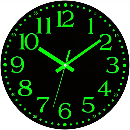 Wall Clock Glow in the Dark Clocks Battery Operated Silent 12 Inch | Black Wood Wall Clock Non-Ticking Analog Luminous Clock for Living Room Bedroom Office Kitchen Classroom Bathroom - color: Luminous -Black