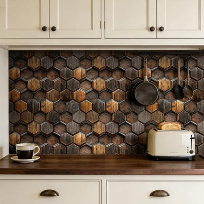 17.5x393 Dark Brown Wood Peel and Stick Wallpaper Log Cabin Wallpaper Decorative Contact Paper Patterns Wood Grain Renter Friendly Backsplash Kitchen Tiles Geometric 3D Wall Covering Accent - size: 17.5x393 Inch