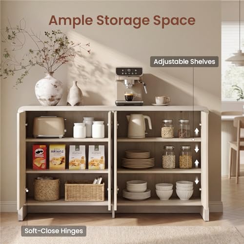 59" Fluted Sideboard Buffet Cabinet with Storage, White Alder | Modern Credenza Console with 4 Doors & Adjustable Shelves, Wood Coffee Bar for Kitchen, Living Room, Entryway