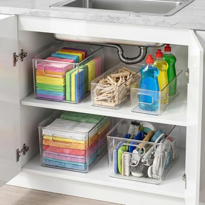 YKIOKE 8 Pack Clear Plastic Storage Bins with Handles, Stackable Organizer | BPA-Free, 4 Large & 4 Small Stackable Organizer Containers for Kitchen Cabinets, Countertops, Drinks, Fruits, Vegetables - size: 8-Pack