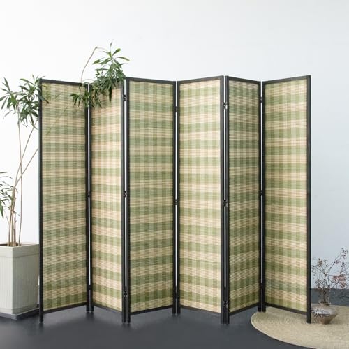 6 Panel Bamboo Room Divider, Green Stripe Folding Privacy Screen | 5.6 ft Folding Screen Divider, Divider for Room Separation, Freestanding Room Partition Screen, Double-Sided Panel Screen - color: Green Stripe, size: 6 Panel