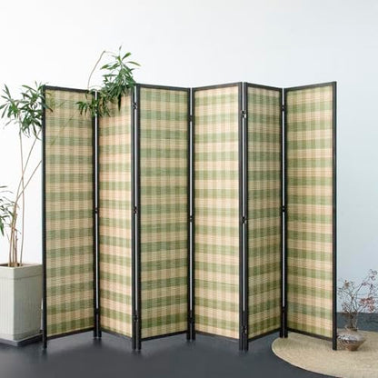 6 Panel Bamboo Room Divider, Green Stripe Folding Privacy Screen | 5.6 ft Folding Screen Divider, Divider for Room Separation, Freestanding Room Partition Screen, Double-Sided Panel Screen - color: Green Stripe, size: 6 Panel