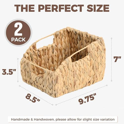 2-Pack Wicker Basket Set - Water Hyacinth Pantry Organizers and Storage w/Handles, For Home, Bedroom, Kitchen, & More - 100% Earth Friendly Woven Rattan, Simple Open Shape Decorative Baskets