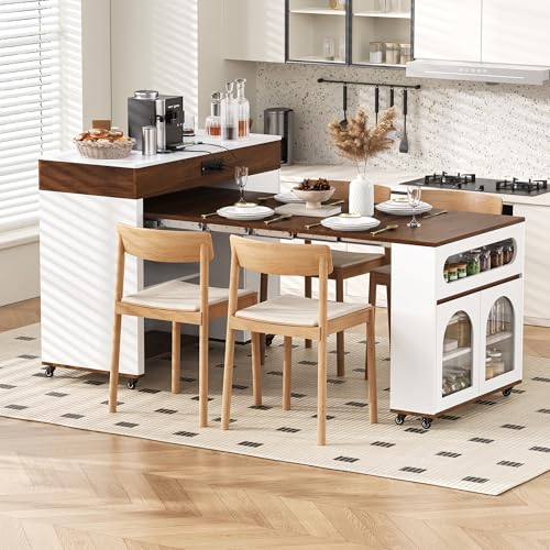 Extendable Dining Table with Extra-Long Folding Top, Rolling Kitchen Island with Storage Cabinet, Drawers & Brake Lock, Sturdy Mobile Cart for Kitchen, Dining Room & Open Spaces (Cream White+Walnut2) - color: Cream White+walnut2