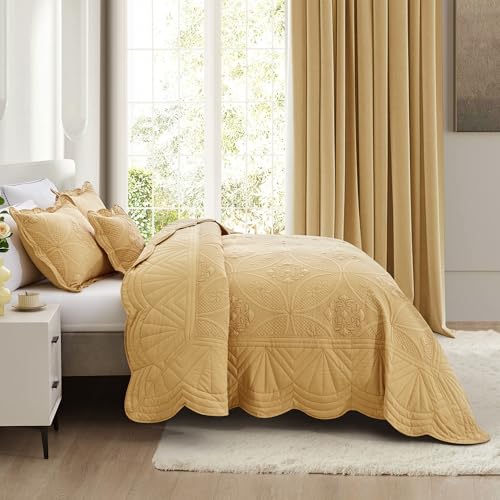 DaisyHuang Bedspread - Full Size Bedding Cover - Modern & Contemporary Coverlet Set, Real Stitching, Reversible, Lightweight, 5 Piece, Honey Gold - color: Honey Gold, size: Full(96"x110")