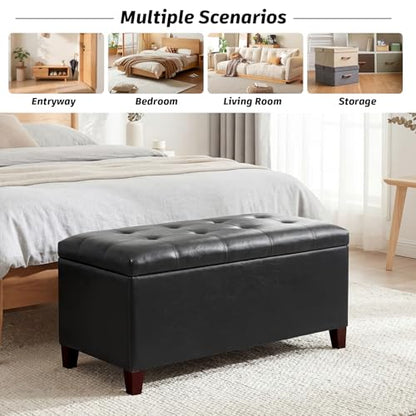 Storage Ottoman Bench, 33 Inches Faux Leather Rectangle Tufted Foot Stool for End Foot of Bed, Bedroom, Living Room, Black - color: Rectangular Black