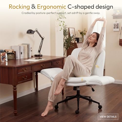 Dowinx Criss Cross Chair with Five-Level Adjustable Arms and Wheels - Comfortable Ergonomic PU Leather Swivel Vanity Chair - Computer Makeup Gaming Chair for Home Office, Bedroom, Vanity Room (Beide) - color: Cream White