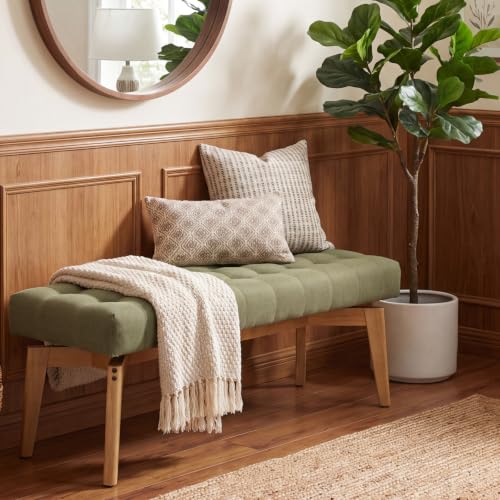 HNY Green Upholstered Bench,45.5 Wood Bedroom Bench,Ottoman | Entryway Bench Storage Bench Modern Tufted Floating Design Window Bench Seat for Living Room Indoor Hallway( Linen) - color: Green Linen