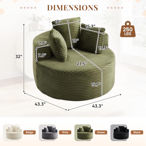 Round Chaise Lounge Chair Indoor, 43" Corduroy Circle Single Cloud Reading Chairs Modern Upholstered Boneless Sofa for Living Room, Bedroom Apartment, Green - color: Green, style: 43"Corduroy