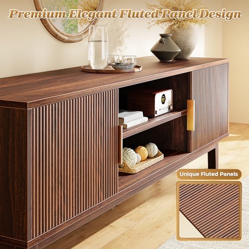 54 Inch Fluted TV Stand for TVs Up to 55, 60 Inch, Mid Century Modern Entertainment Center with Storage, TV Console with Adjustable Shelves, Midea Console for Living Room Bedroom, Brown - color: Walnut