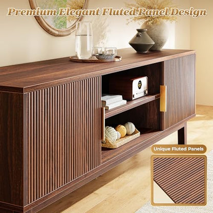 54 Inch Fluted TV Stand for TVs Up to 55, 60 Inch, Mid Century Modern Entertainment Center with Storage, TV Console with Adjustable Shelves, Midea Console for Living Room Bedroom, Brown - color: Walnut
