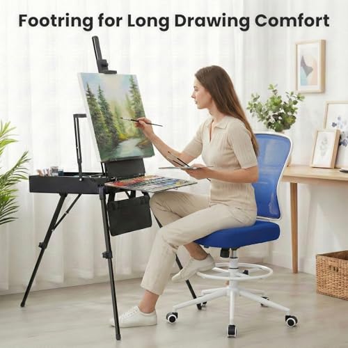 Armless Drafting Chair Tall Office Chair for Standing Desk - Adjustable Height Mesh Ergonomic Stool with Foot Ring, Rolling Counter Height Computer Chair for Small Spaces & Home Office - color: Klein Blue