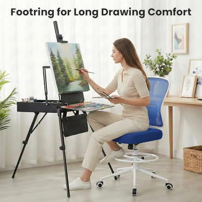 Armless Drafting Chair Tall Office Chair for Standing Desk - Adjustable Height Mesh Ergonomic Stool with Foot Ring, Rolling Counter Height Computer Chair for Small Spaces & Home Office - color: Klein Blue