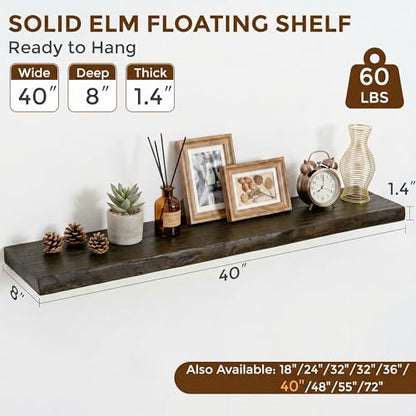 Dreamland 40 Inch Long Floating Shelves Set of 2, Rustic Solid Elm Wood Live Edge Floating Shelf Wall Mounted, 8 Inch Deep Wooden Wall Shelves for Living Room, Bedroom, Bathroom, Kitchen, Walnut - color: Walnut, size: Live Edge - 40"L