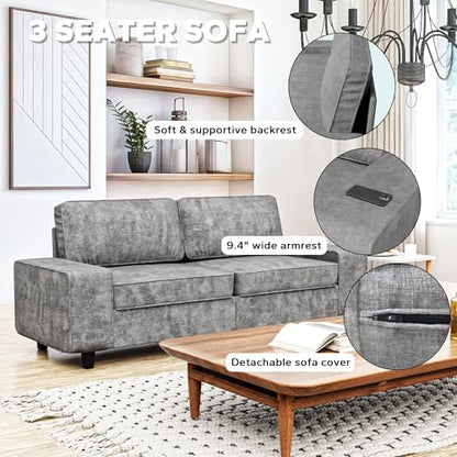 84" Chenille Loveseat Couch, 3 Seater Retro Sofa with 4 Side Pockets, Removable and Washable Cushions, Mid Century Modern, Living Room, Bedroom, Apartment (Light Grey) - color: Light Grey Chenille, size: 84 "