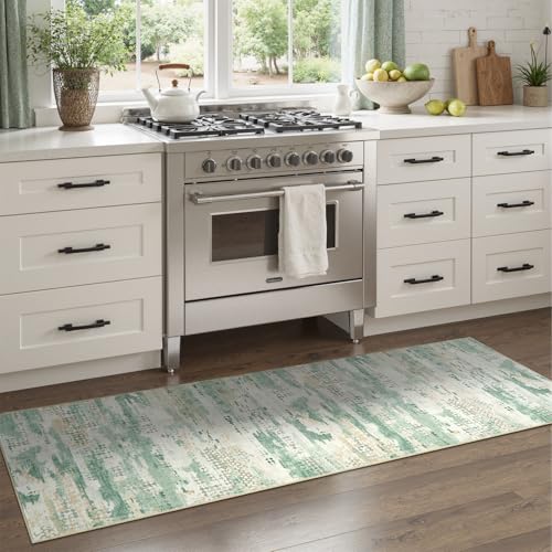 DCX Washable Abstract Area Rug 2x8, Non Slip Low Pile Rug, Sage Green | Easy to clean, non-shedding, soft, kid & pet friendly, with a non-slip rubber backing for living rooms, bedrooms, and offices - color: Green & White, size: 2' x 8'