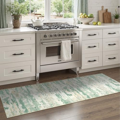 DCX Washable Abstract Area Rug 2x8, Non Slip Low Pile Rug, Sage Green | Easy to clean, non-shedding, soft, kid & pet friendly, with a non-slip rubber backing for living rooms, bedrooms, and offices - color: Green & White, size: 2' x 8'